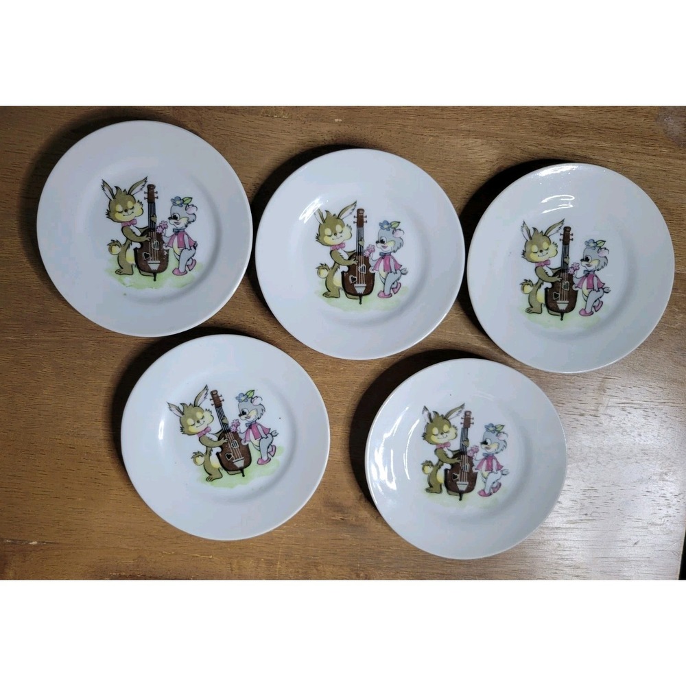 Vintage‎ white porcelain plates lot of 5 whimsical musical bunny rabbit Japan